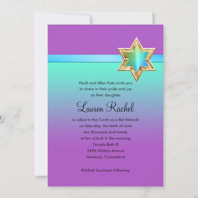 Convite Bat Mitzvah Aqua Green Ombre Ribbon e Star (Frente)