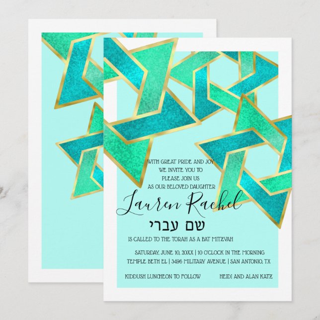 Convite Bat Mitzvah Aqua Turquoise Star de David (Frente/Verso)