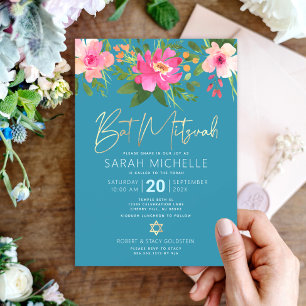 Convite Bat Mitzvah Aquarela Azul Floral Dourado Script