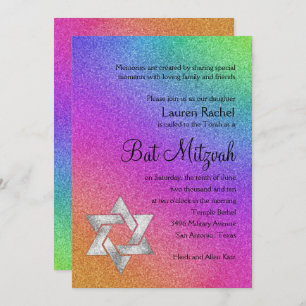 Convite Bat Mitzvah Arco-íris muito colorido com Estrela P
