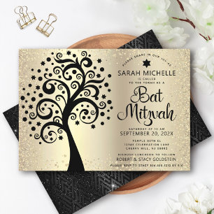 Convite Bat Mitzvah Árvore da Vida Preta com Script e Folh
