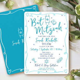 Convite Bat Mitzvah Azul Diversão Mão Desenhada Doodle Nom