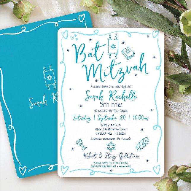 Convite Bat Mitzvah Azul Diversão Mão Desenhada Doodle Nom (Criador carregado)