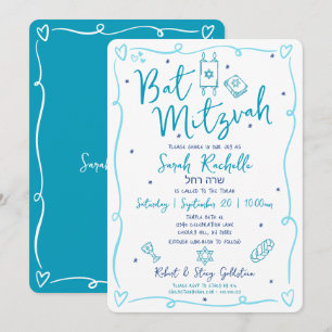 Convite Bat Mitzvah Azul Diversão Mão Desenhada Doodle Nom
