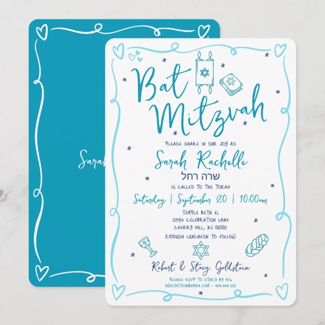 Convite Bat Mitzvah Azul Diversão Mão Desenhada Doodle Nom (Frente/Verso)