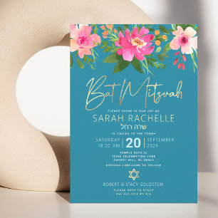 Convite Bat Mitzvah Azul Dourado Roteiro Floral Aquarela