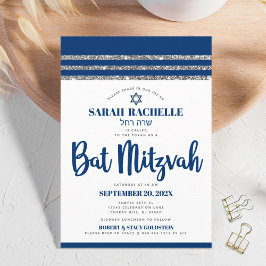 Convite Bat Mitzvah Azul Marinho Tallit Simples Moderno Al