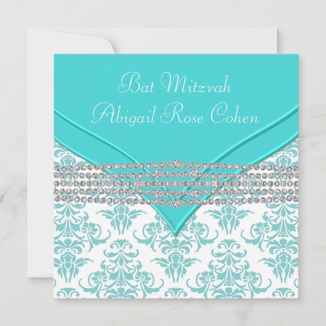 Convite Bat Mitzvah Azul Teal em Damask (Frente)