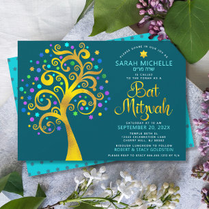 Convite Bat Mitzvah Azul Teal Folha de Ouro Script Árvore