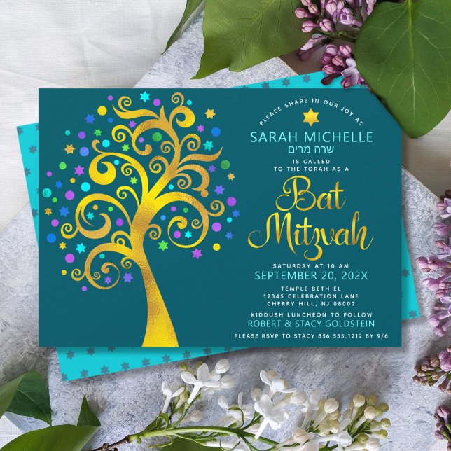 Convite Bat Mitzvah Azul Teal Folha de Ouro Script Árvore  (Criador carregado)