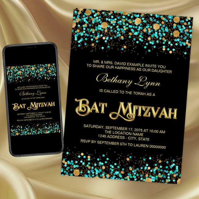 Convite Bat Mitzvah Azul Turquesa e Dourado (Teal blue and gold Bat Mitzvah invitation. Digital download and printed invitations available.)