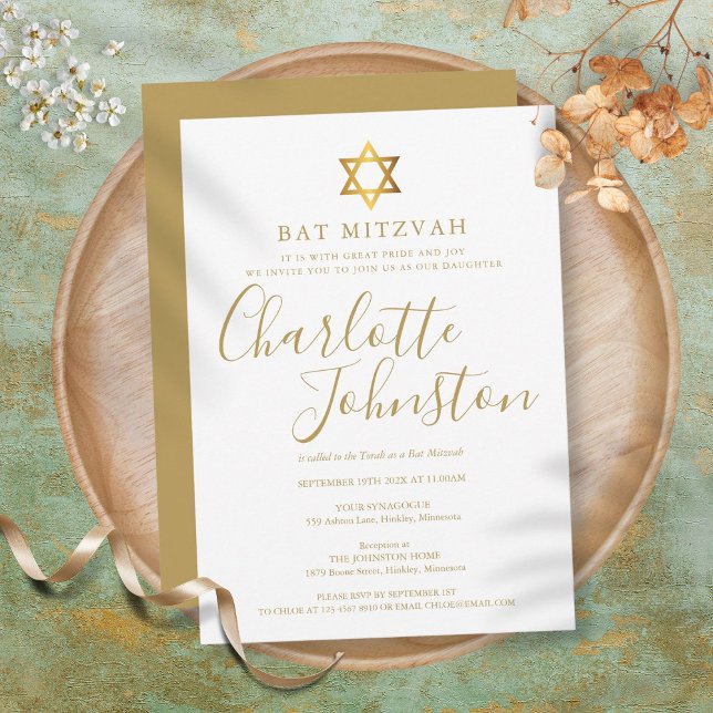 Convite Bat Mitzvah, Bar Mitzvah Modern Dourado Script (Bat Mitzvah, Bar Mitzvah Modern Gold Script Invitation)