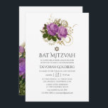 Convite Bat Mitzvah, Bat Chic, em roxo e Dourado<br><div class="desc">Convite de morcego floral bucal e dourado shabby-chic bat mitzvah projetado para ser rápida e facilmente personalizado de acordo com as especificações do seu evento.</div>