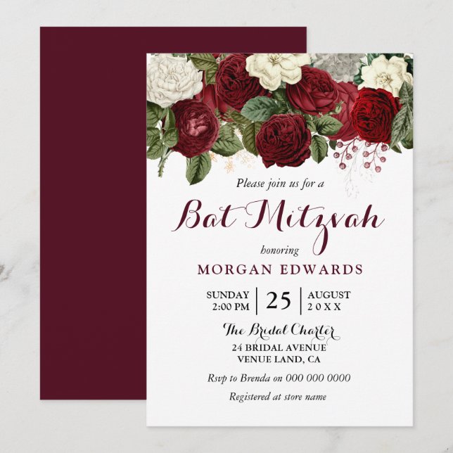 Convite Bat Mitzvah, Bat Floral Branco Vermelho Burgundy (Frente/Verso)