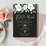 Convite Bat Mitzvah Black Dourado Floral Watercolor Script<br><div class="desc">Tenha orgulho, alegria e mostre este marco do seu Bat Mitzvah favorito com este sofisticado e personalizado convite! Uma aquarela floral chica, atordoante, branca e dourada com falso guião de folha de ouro e serifa branca sobrepõe-se a um fundo preto dramático. Flores aquarelas adicionais e uma Estrela dourada de David...</div>