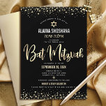 Convite Bat Mitzvah Black Gold Foil Glitter Script Moderno<br><div class="desc">Tenha orgulho, alegria e mostre este marco do seu Bat Mitzvah favorito! Envie este convite personalizado, sofisticado, sofisticado e atormentado para um evento para lembrar. Escrita gráfica de caligrafia de folha de ouro, Estrela de David, e confetti, sobrepõem um fundo preto, rico e dramático. Uma estrela dourada falsa de David...</div>