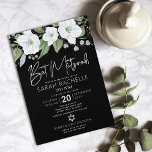 Convite Bat Mitzvah Black Silver Script Floral Watercolor<br><div class="desc">Tenha orgulho, alegria e mostre este marco do seu Bat Mitzvah favorito com este sofisticado e personalizado convite! Uma aquarela floral brilhante, branca e falso prateada com falso grafismo de folha prateada e serif branca sobrepõe-se a um fundo preto dramático. Flores aquarelas adicionais e uma Estrela prateada de David cobrem...</div>