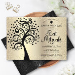 Convite Bat Mitzvah Black Tree of Life Script Gold Foil<br><div class="desc">Tenha orgulho, alegria e mostre este marco do seu Bat Mitzvah favorito! Esta árvore preta gráfica com Estrela de David e "folhas" de ponto, juntamente com um roteiro de caligrafia negra, tudo sobre pontos falsos, sofisticados, dourados e fundo ombre de folha de alumínio, é o convite perfeito para esta ocasião...</div>