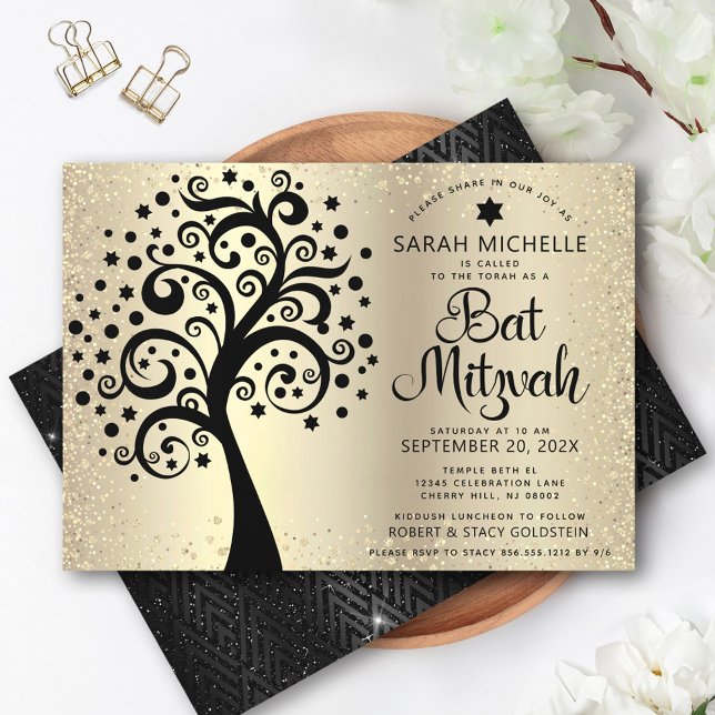 Convite Bat Mitzvah Black Tree of Life Script Gold Foil (Criador carregado)