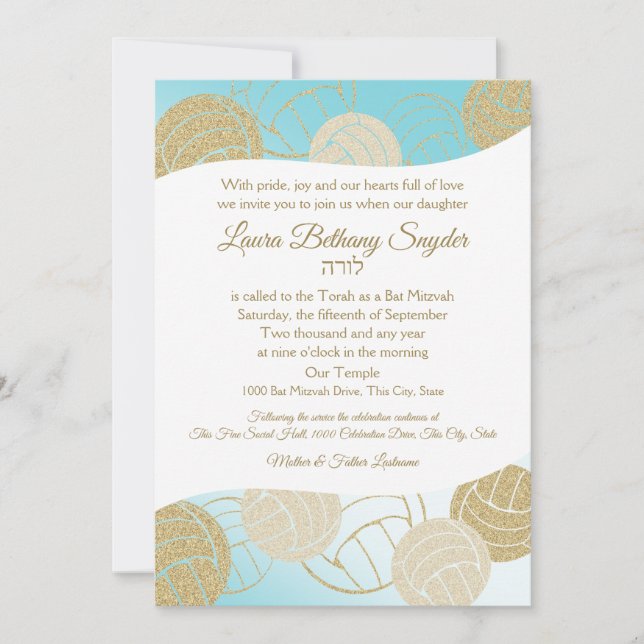 Convite Bat Mitzvah Blue e Dourado do Esporte de Voleibol (Frente)
