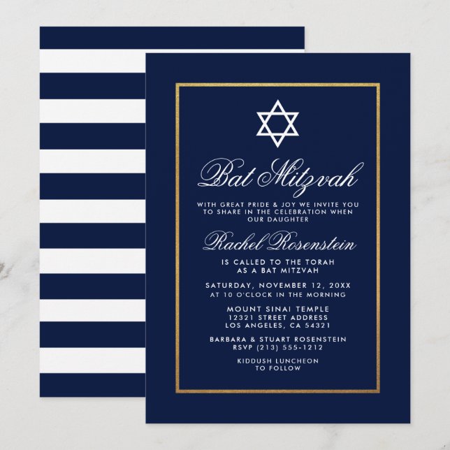 Convite Bat Mitzvah Blue e White Strips Dourados (Frente/Verso)