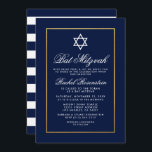 Convite Bat Mitzvah Blue e White Strips Dourados<br><div class="desc">Bat Mitzvah Blue e Dourado Cartão de Convite - Riscado</div>