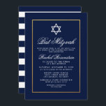 Convite Bat Mitzvah Blue e White Strips Dourados<br><div class="desc">Bat Mitzvah Blue e Dourado Cartão de Convite - Riscado</div>