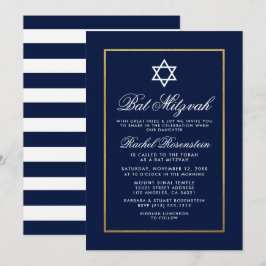 Convite Bat Mitzvah Blue e White Strips Dourados