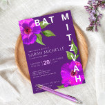 Convite Bat Mitzvah Bold Modern Purple Floral Watercolor<br><div class="desc">Tenha orgulho, alegria e mostre este marco do seu Bat Mitzvah favorito com este sofisticado e personalizado convite! Uma aquarela floral rosa, chica, espantosa, roxa, com serifa sã moderna sobre um fundo de ameixa roxa escura. Personalize o texto personalizado com o nome, a data e as informações do local do...</div>
