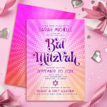 Convite Bat Mitzvah Bold Retro Boho Gradiente Laranja Rosa<br><div class="desc">Tenha orgulho, alegria e mostre este marco do seu Bat Mitzvah favorito com este divertido convite personalizado! Diversão, tendências, ousada tipografia rosa-quente e roxa escura com a tipografia sans serif moderna sobrepõe-se a um fundo de raios laranja-claro-pop e verde-claro-cor-de-rosa com pontos brancos. No verso, uma estrela branca de David cobre...</div>