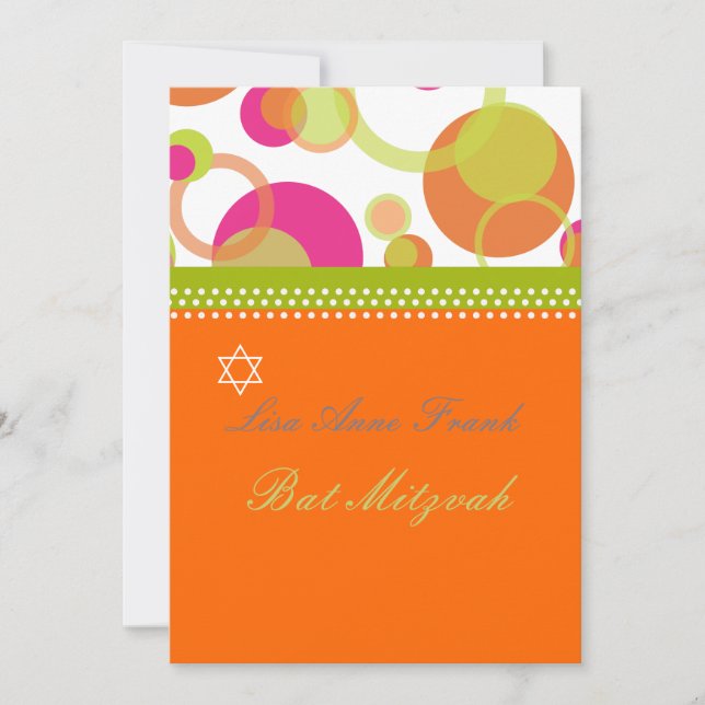 Convite Bat Mitzvah + Bolhas Mod/laranja/rosa choque (Frente)