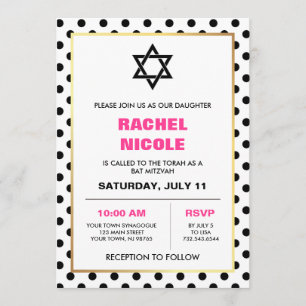 Convite Bat Mitzvah, Bolinhas Dourada e rosa, Chic Black