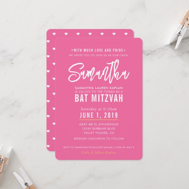 Convite BAT MITZVAH: bonito, branco-rosa, moderno, (Frente/Verso In Situ)