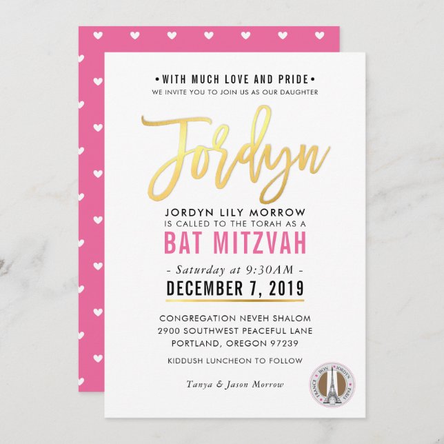 Convite BAT MITZVAH - bonito script de ouro rosa JORDYN (Frente/Verso)