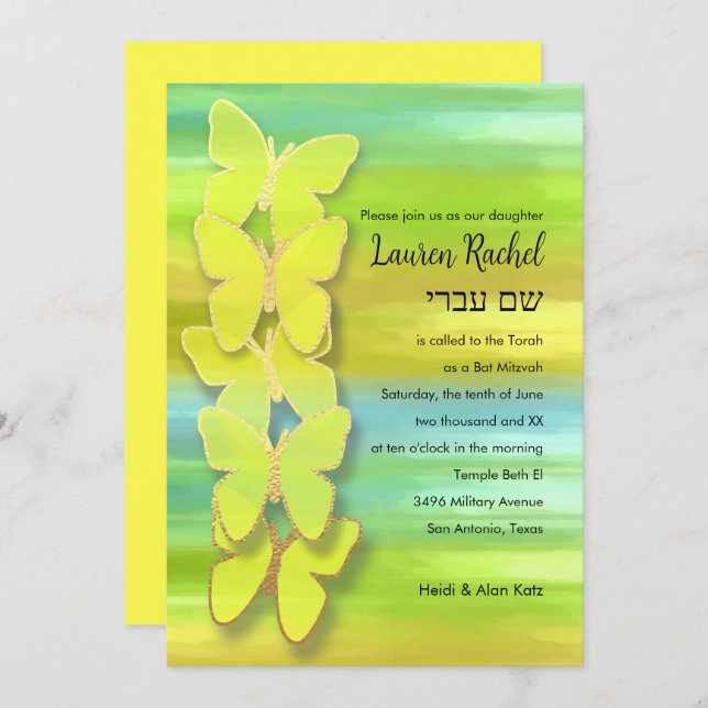 Convite Bat Mitzvah Borboleta Aquarela Azul Verde Amarelo (Frente/Verso)