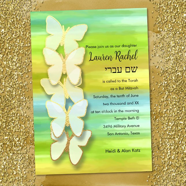 Convite Bat Mitzvah Borboleta Aquarela Azul Verde Amarelo (Criador carregado)
