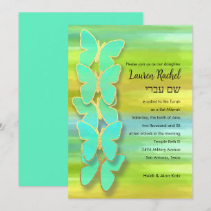 Convite Bat Mitzvah Borboleta Aquarela Azul Verde Amarelo