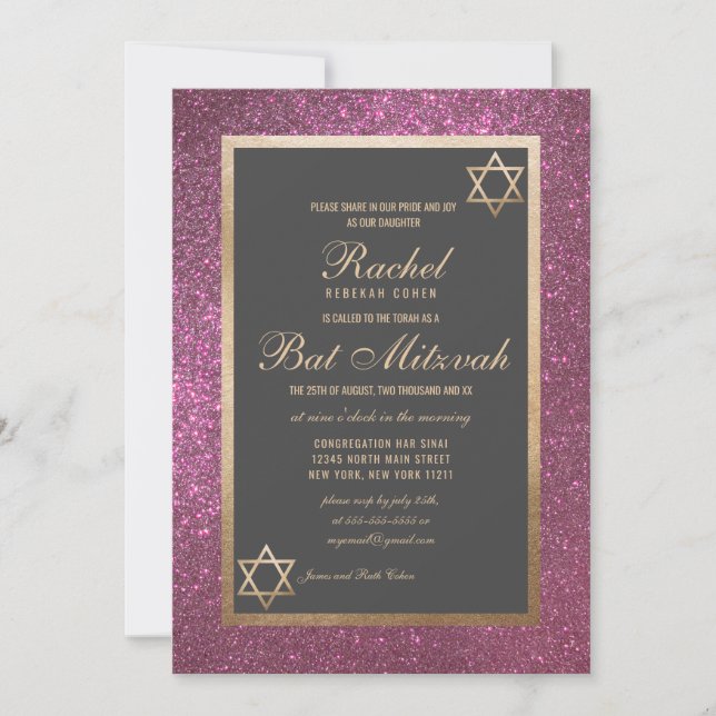 Convite Bat Mitzvah, Bordo Glitter Moderno (Frente)