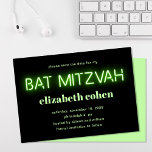 Convite Bat Mitzvah Bright Green Neon Lights Salva A Data<br><div class="desc">O legal morcego moderno mitzvah salvou o anúncio da data com "bat mitzvah" em luzes néon brilhantes e brilhantes contra um fundo preto.</div>