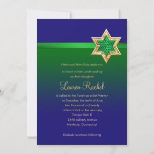 Convite Bat Mitzvah Brilhante Azul e Verde Ombro Estrela