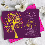Convite Bat Mitzvah Burgundy - Árvore de Escrituras Ouro d<br><div class="desc">Tenha orgulho, alegria e mostre este marco do seu Bat Mitzvah favorito! Esta folha escura gráfica de folha de ouro com cor-de-rosa cintilante, laranja e Estrela vermelha de David e "folhas" de ponto sobre um fundo roxo rico é o convite perfeito para esta ocasião especial. Uma pequena estrela vermelha escura...</div>
