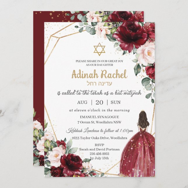 Convite Bat Mitzvah Burgundy Blush Floral Dourada Princesa (Frente/Verso)