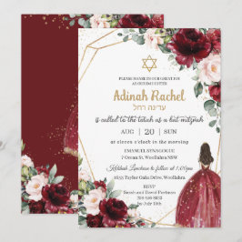 Convite Bat Mitzvah Burgundy Blush Floral Dourada Princesa