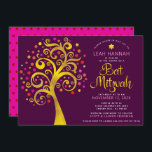 Convite Bat Mitzvah Burgundy Gold Foil Moderna Árvore de V<br><div class="desc">Tenha orgulho, alegria e mostre este marco do seu Bat Mitzvah favorito! Esta folha escura gráfica de folha de ouro com cor-de-rosa cintilante, laranja e Estrela vermelha de David e "folhas" de ponto sobre um fundo roxo rico é o convite perfeito para esta ocasião especial. Uma pequena estrela vermelha escura...</div>