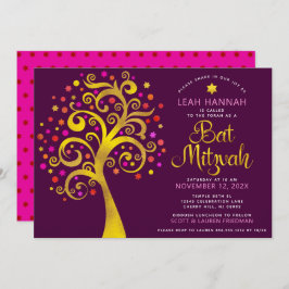 Convite Bat Mitzvah Burgundy Gold Foil Moderna Árvore de V