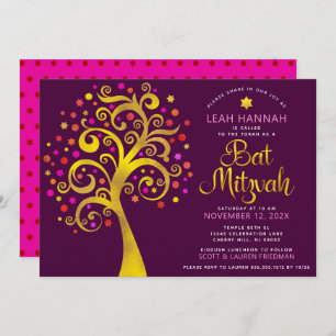 Convite Bat Mitzvah Burgundy Gold Foil Moderna Árvore de V