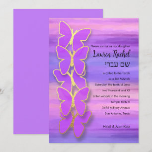 Convite Bat Mitzvah Butterfly Pink Puro Watercolor