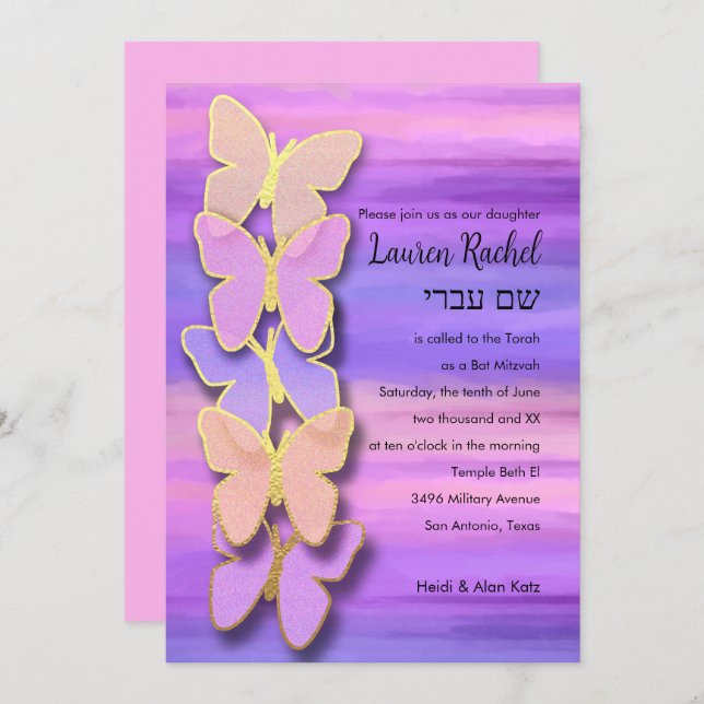 Convite Bat Mitzvah Butterfly Pink Puro Watercolor (Frente/Verso)