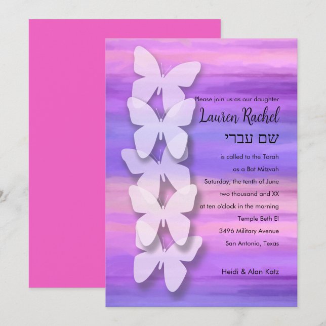 Convite Bat Mitzvah Butterfly Pink Puro Watercolor (Frente/Verso)