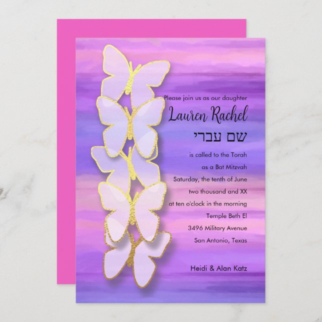 Convite Bat Mitzvah Butterfly Pink Puro Watercolor (Frente/Verso)